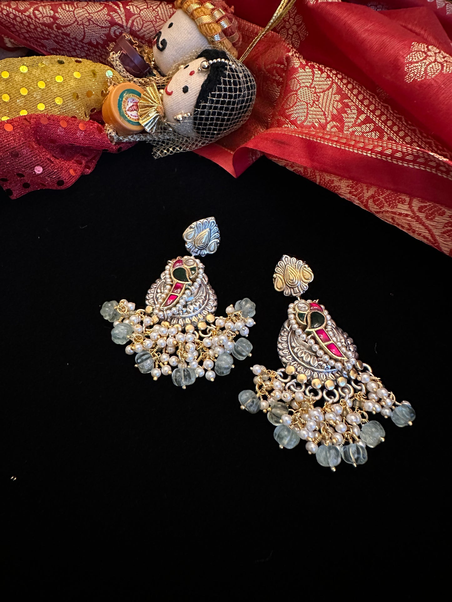 Dual Tone earrings with green pumpkin beads