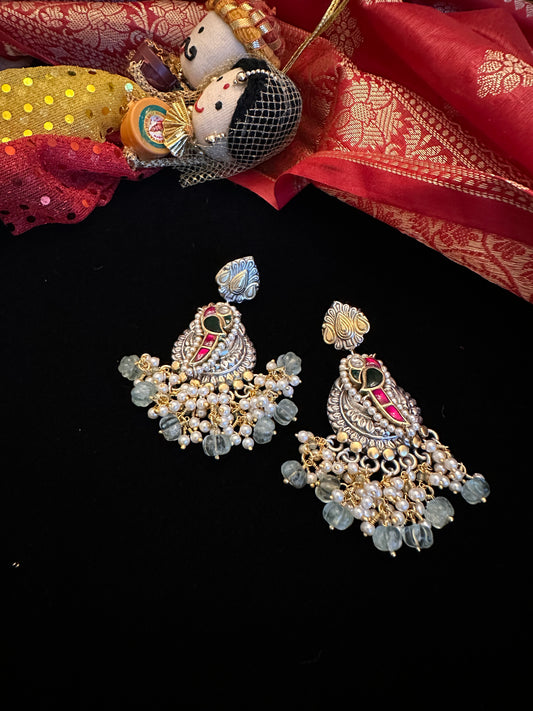 Dual Tone earrings with green pumpkin beads