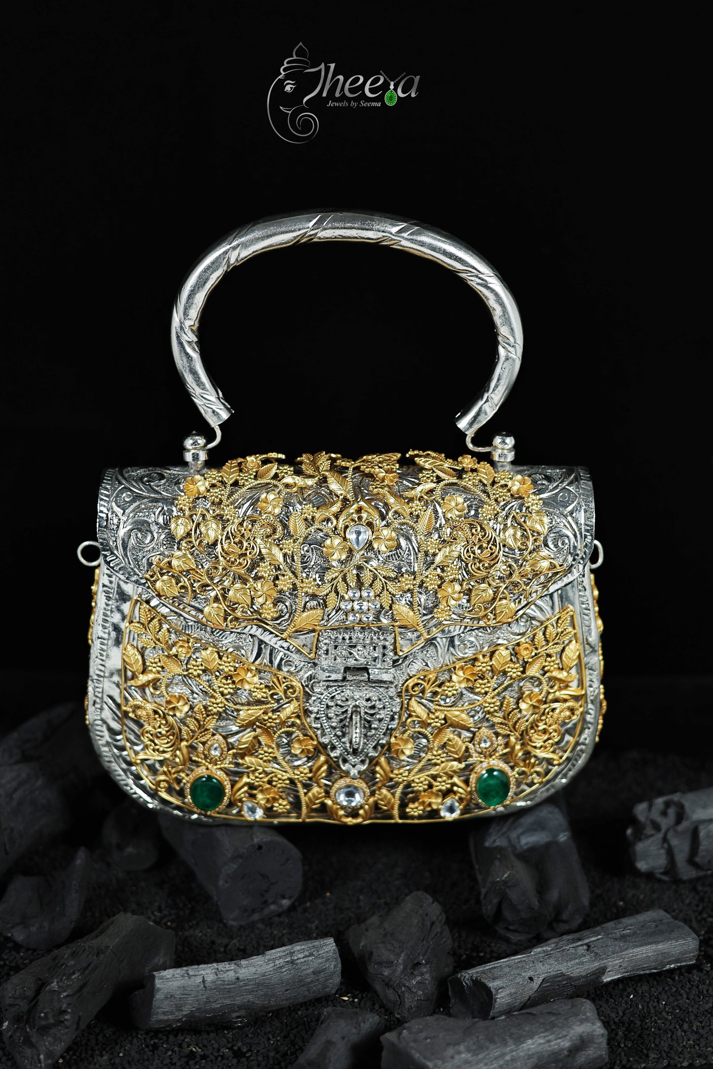 Royal Brass bag with gold plated carving with moissaniates