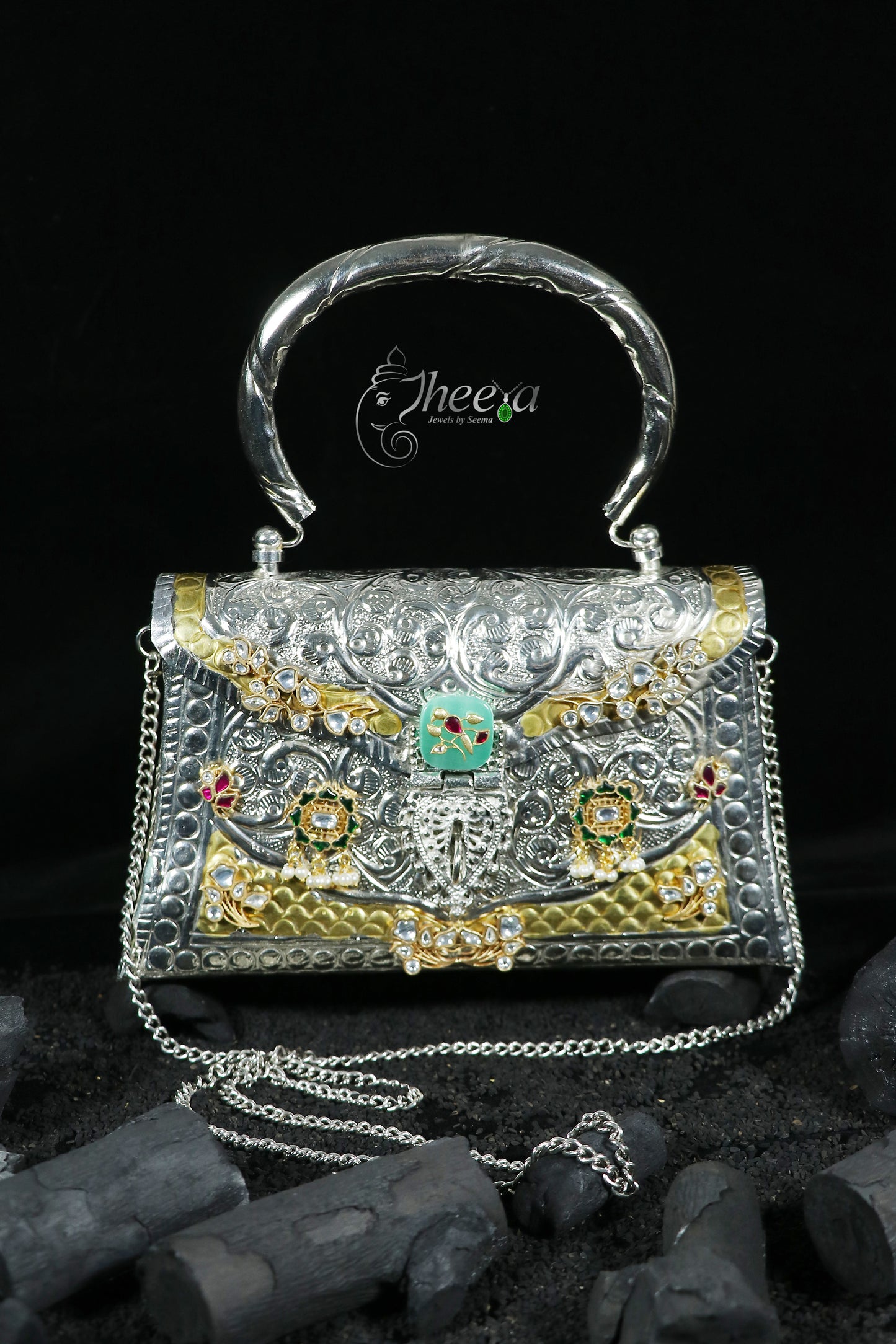 Dual Tone Bag with Mint stone with kundan overlay