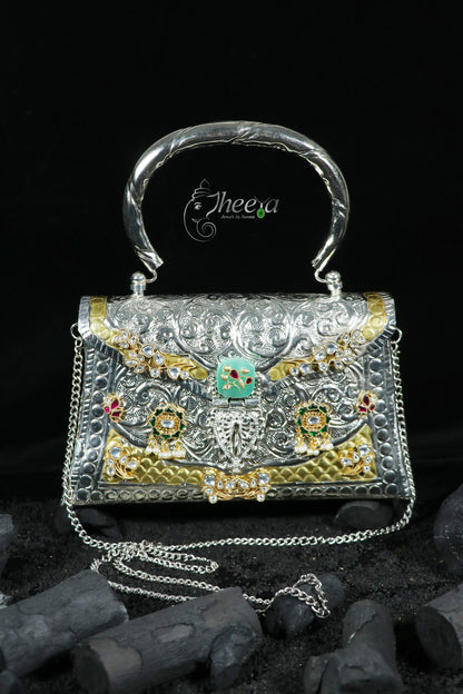 Dual Tone Bag with Mint stone with kundan overlay