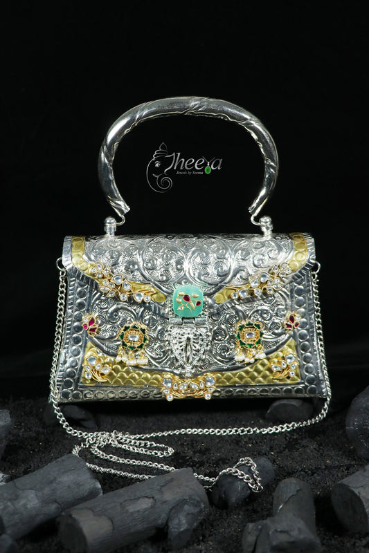 Dual Tone Bag with Mint stone with kundan overlay