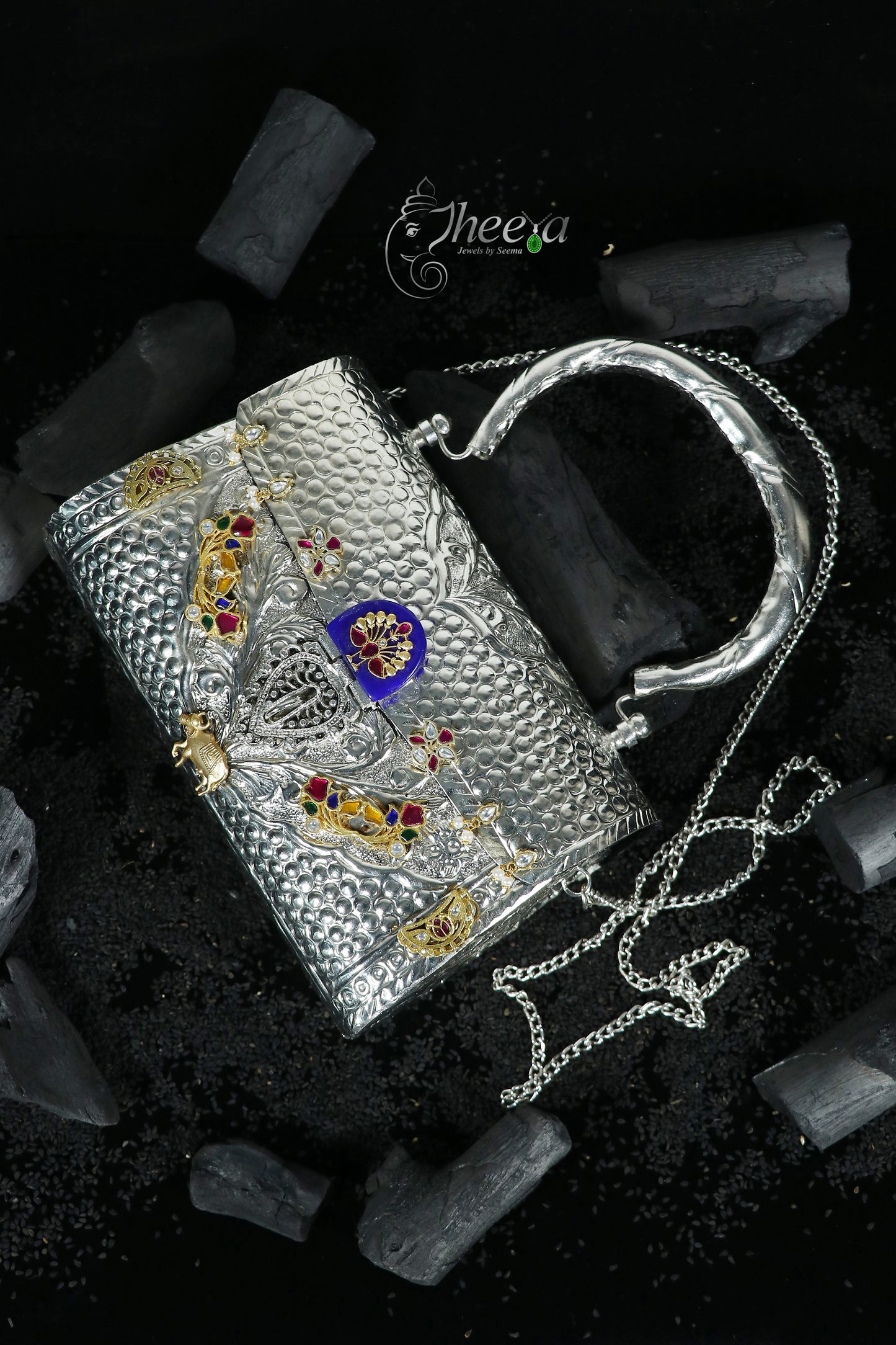 Royal Blue stone with peacock kundan in lay work