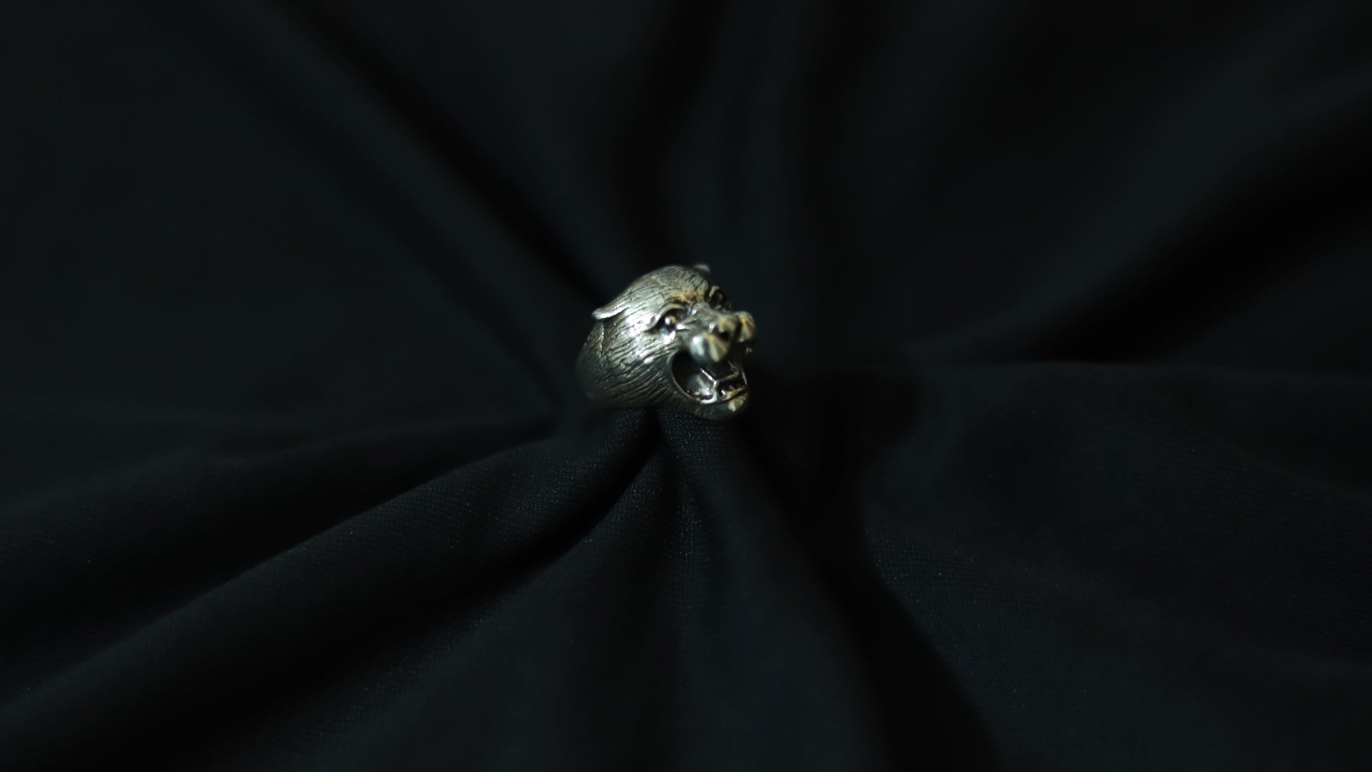 A silver-toned ring shaped like a lion's head, resting on a dark black fabric background.