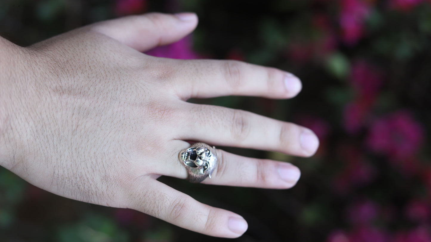 A close-up of a hand wearing a silver-toned ring with a detailed skull-like design, set against a blurred background of green foliage and pink flowers.