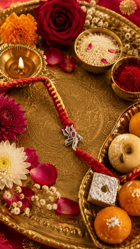A traditional Indian Rakhi with a silver crescent moon and red thread, laid out on a golden decorative tray alongside flowers, a burning diya, rice, red powder, and sweets.