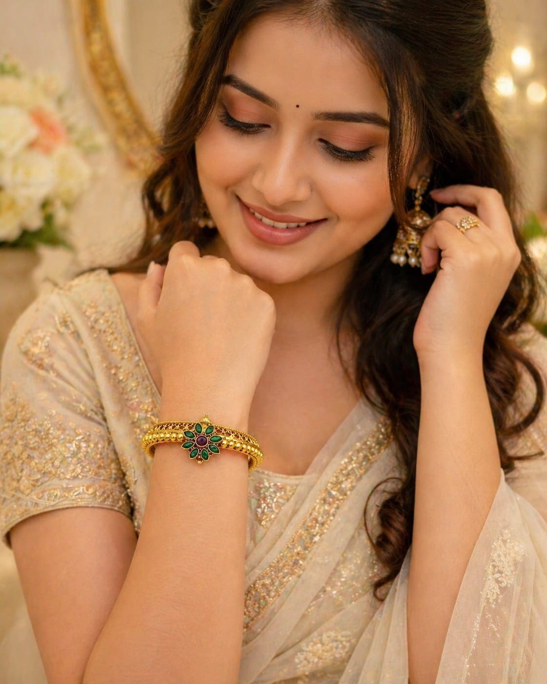 A woman wearing a gold-plated traditional Indian bangle bracelet with a green stone floral motif, paired with a beige embellished saree.