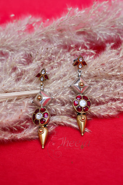 Dual tone red kundan earrings
