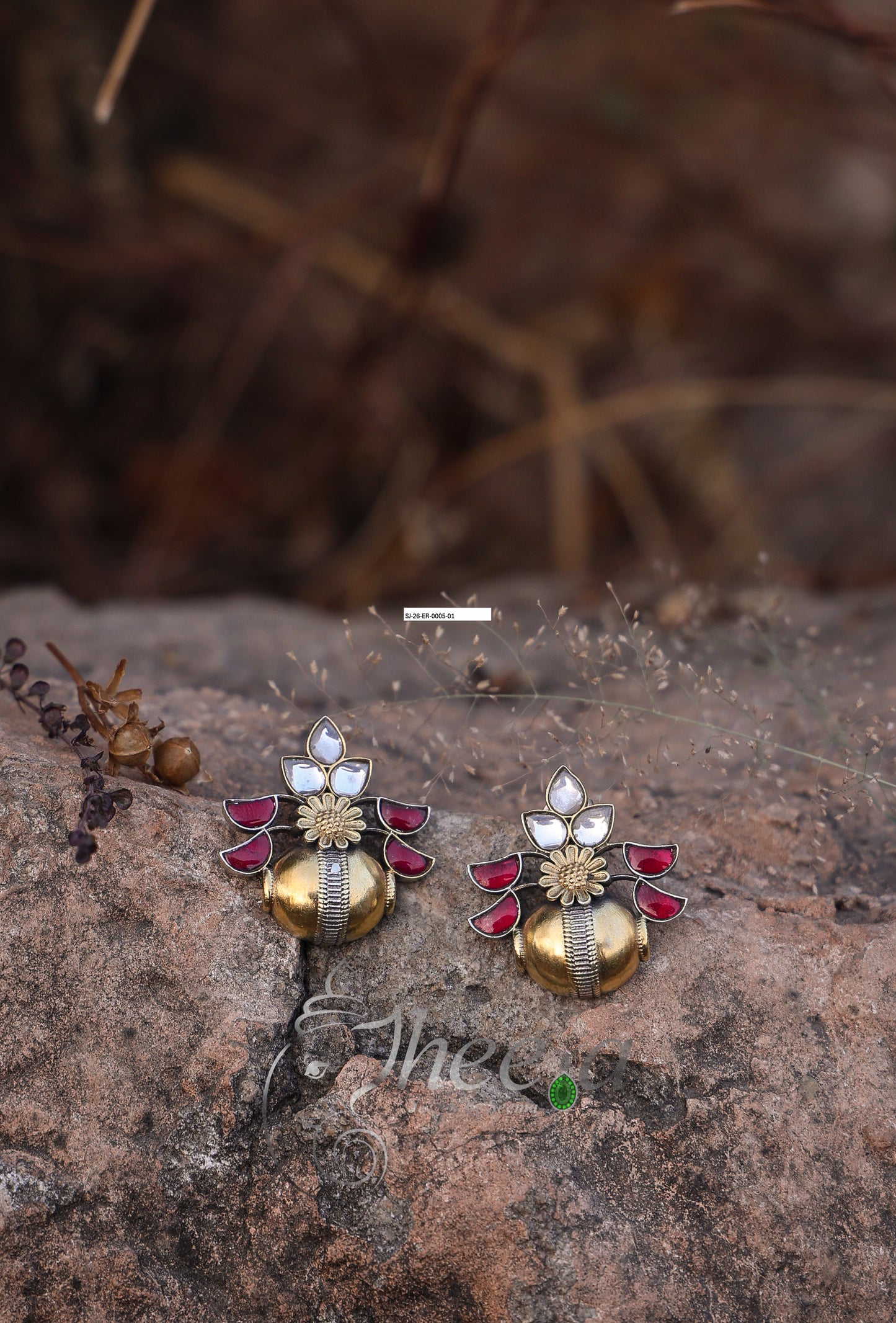 Red flower pot dual tone earrings