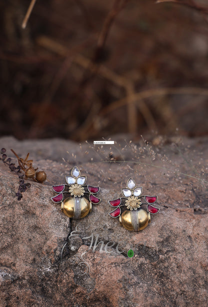 Red flower pot dual tone earrings