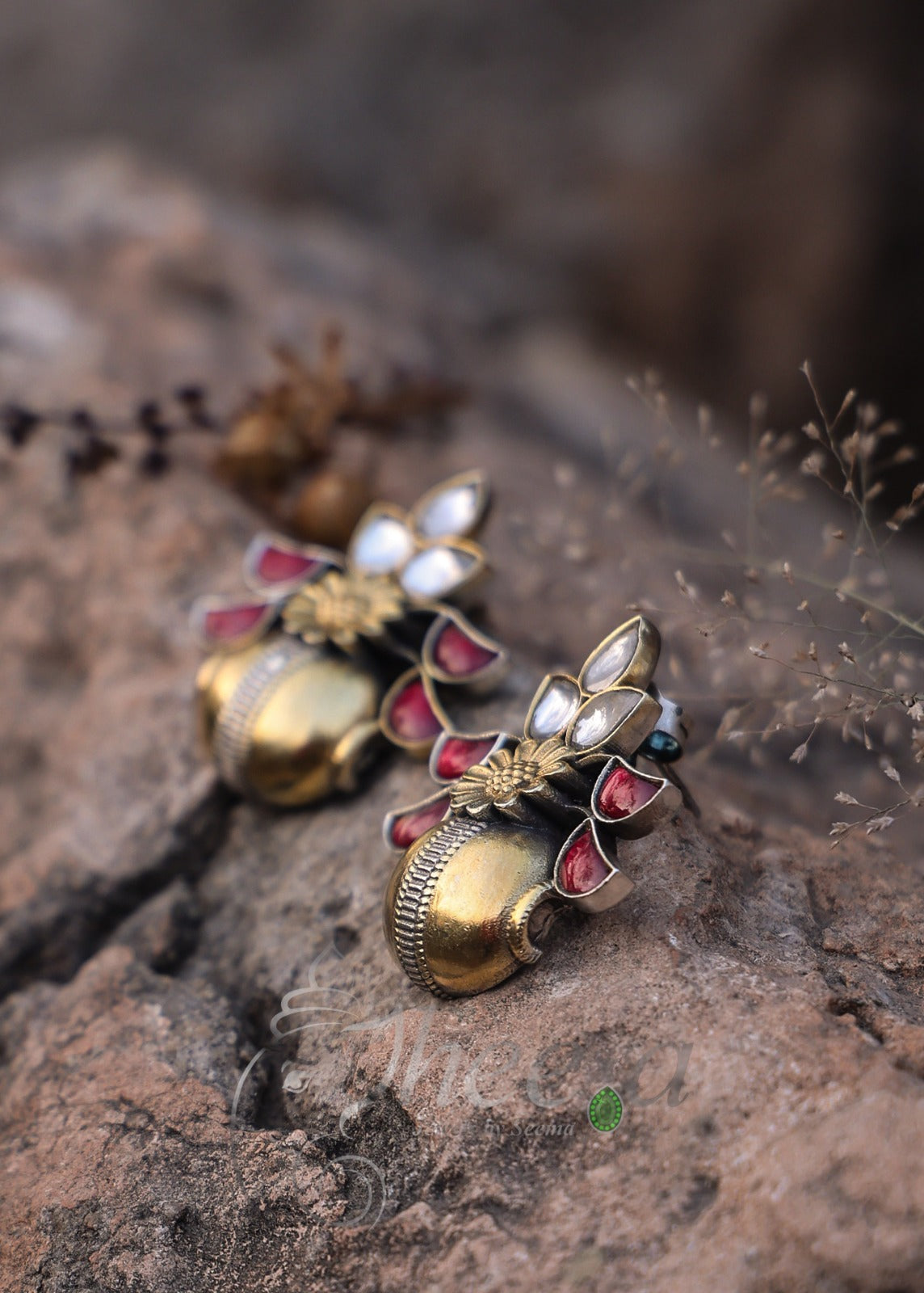 Red flower pot dual tone earrings