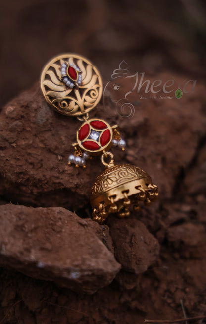 Lotus stud coral jhumka