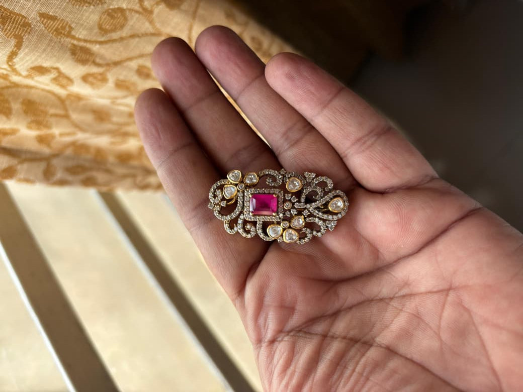 Zari Red Stone Brooch worn by a model showcasing scale and Brooch design.