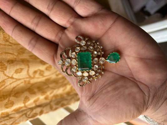 Sultana Big Green Brooch worn by a model showcasing scale and Brooch design.