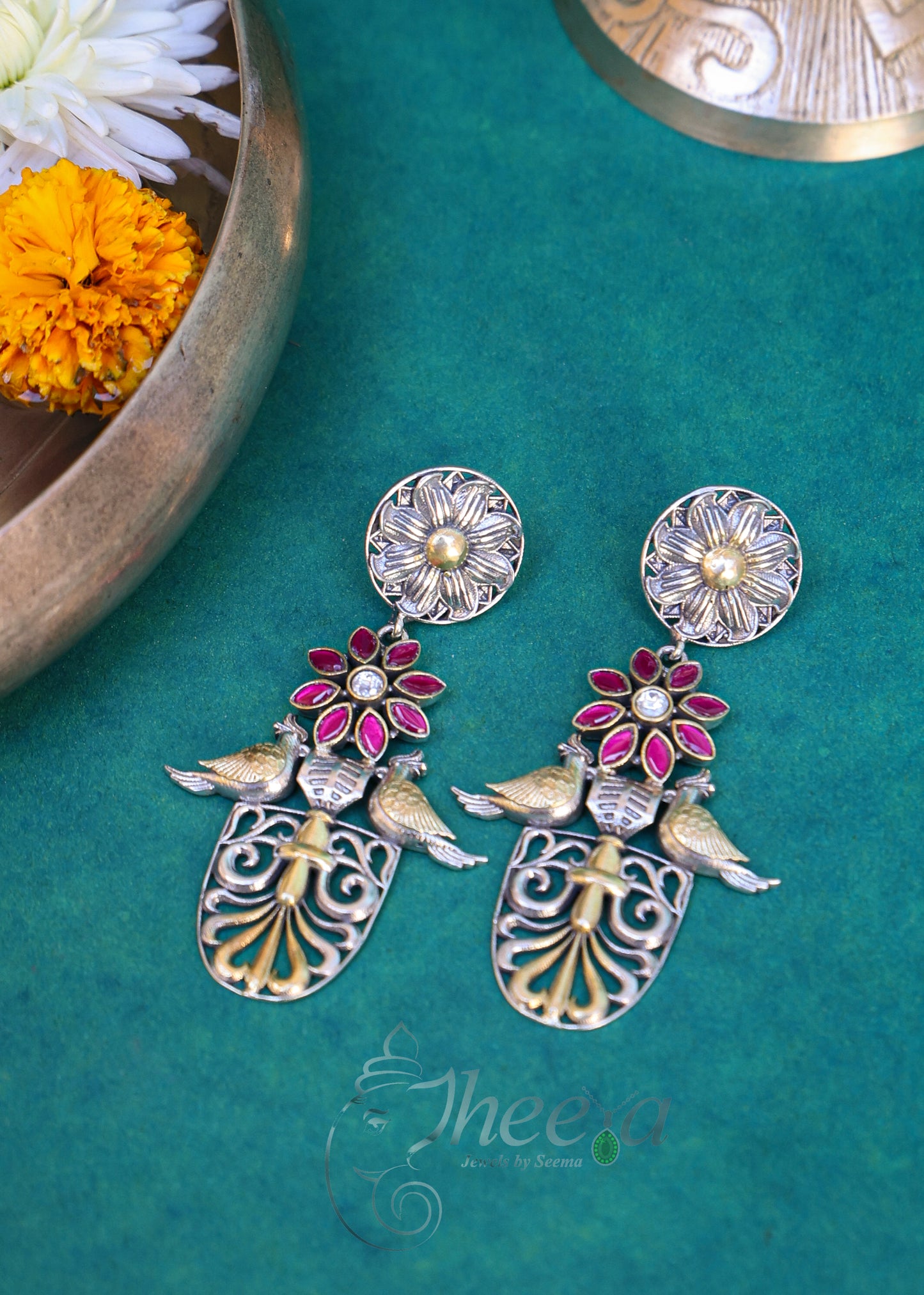 Dual tone twin bird earrings