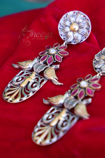 Dual tone twin bird earrings