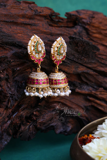 Pink Kundan Jhumkas with pearls