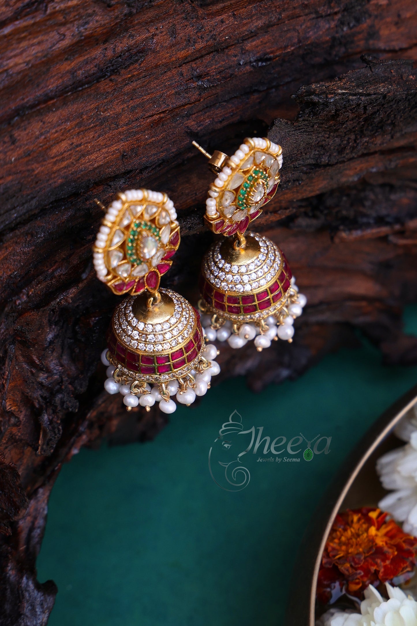 Pink Kundan Jhumkas with pearls
