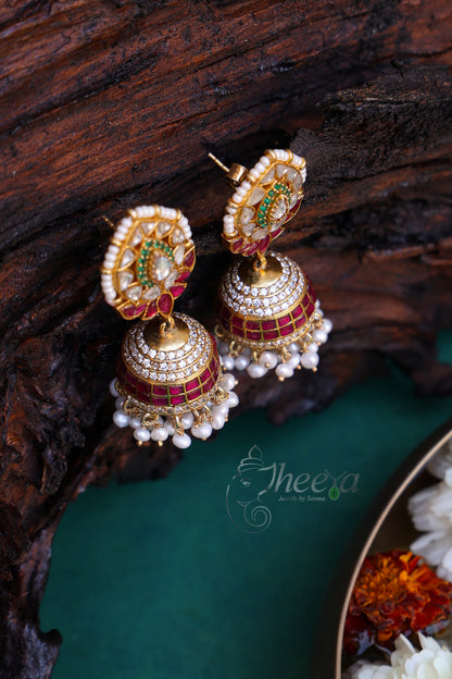 Pink Kundan Jhumkas with pearls