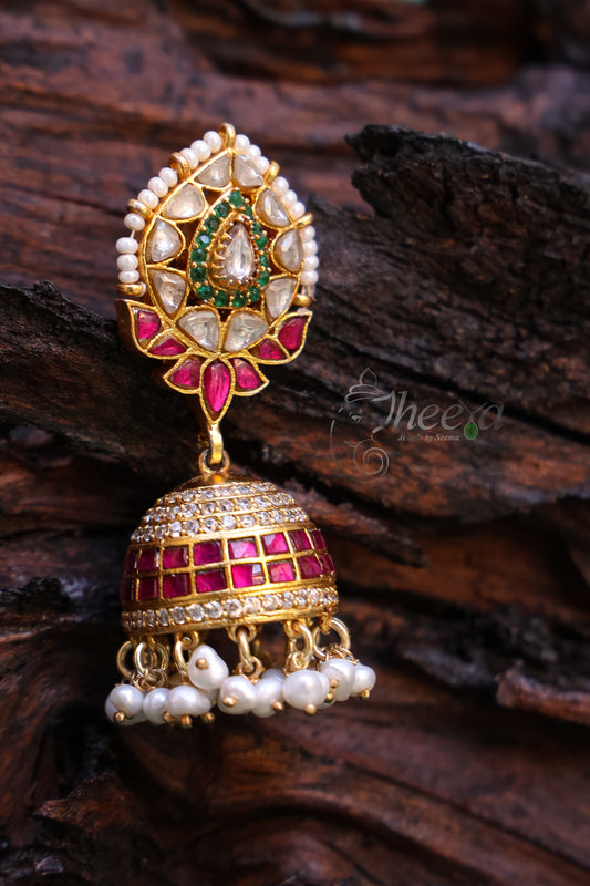 Pink Kundan Jhumkas with pearls