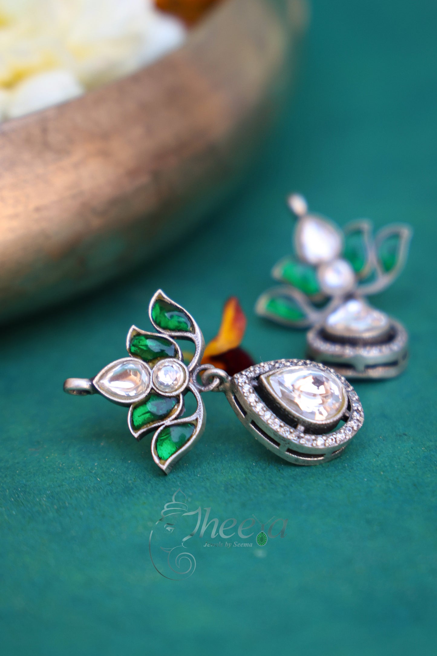 Green lotus kundan earrings