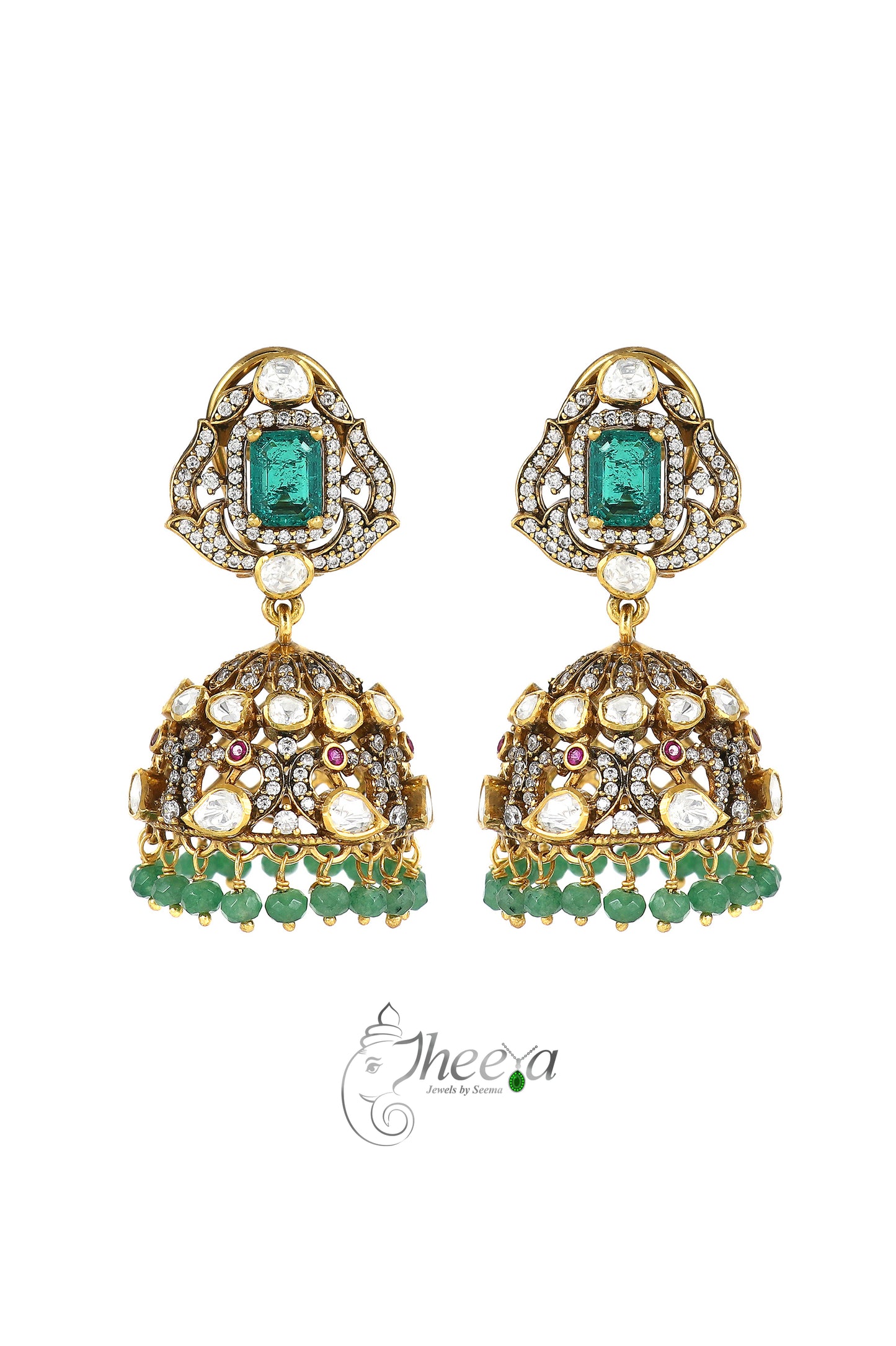 Ratnavali  Emerald Jhumka with moissanaite