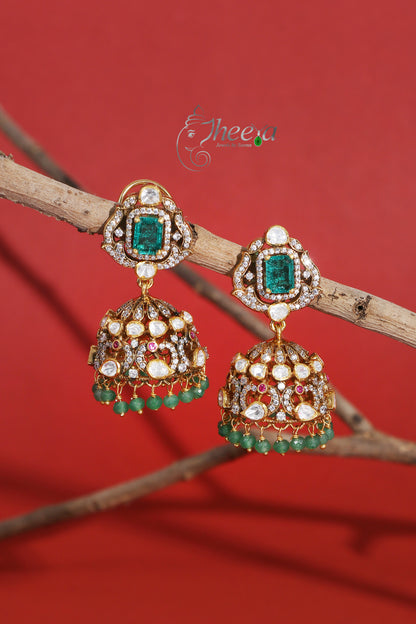 Ratnavali  Emerald Jhumka with moissanaite