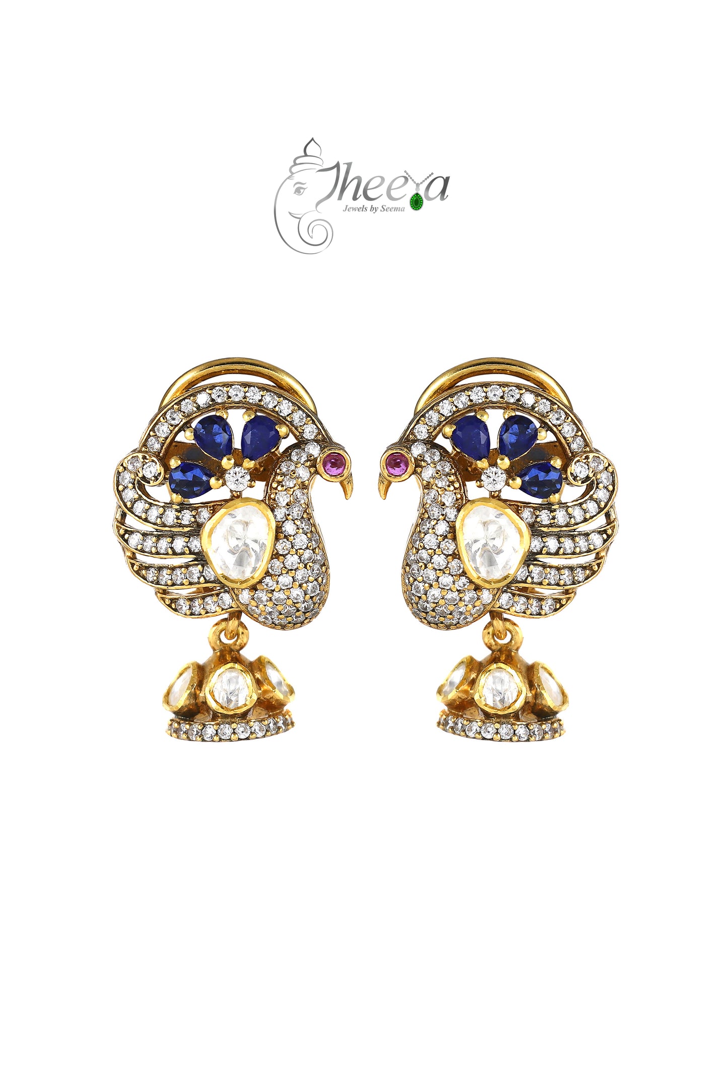 Ratnavali  Blue peacock Jhumka with moissanaite