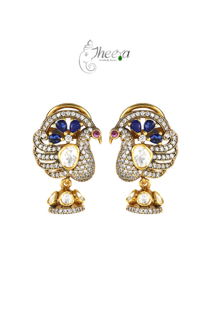 Ratnavali  Blue peacock Jhumka with moissanaite