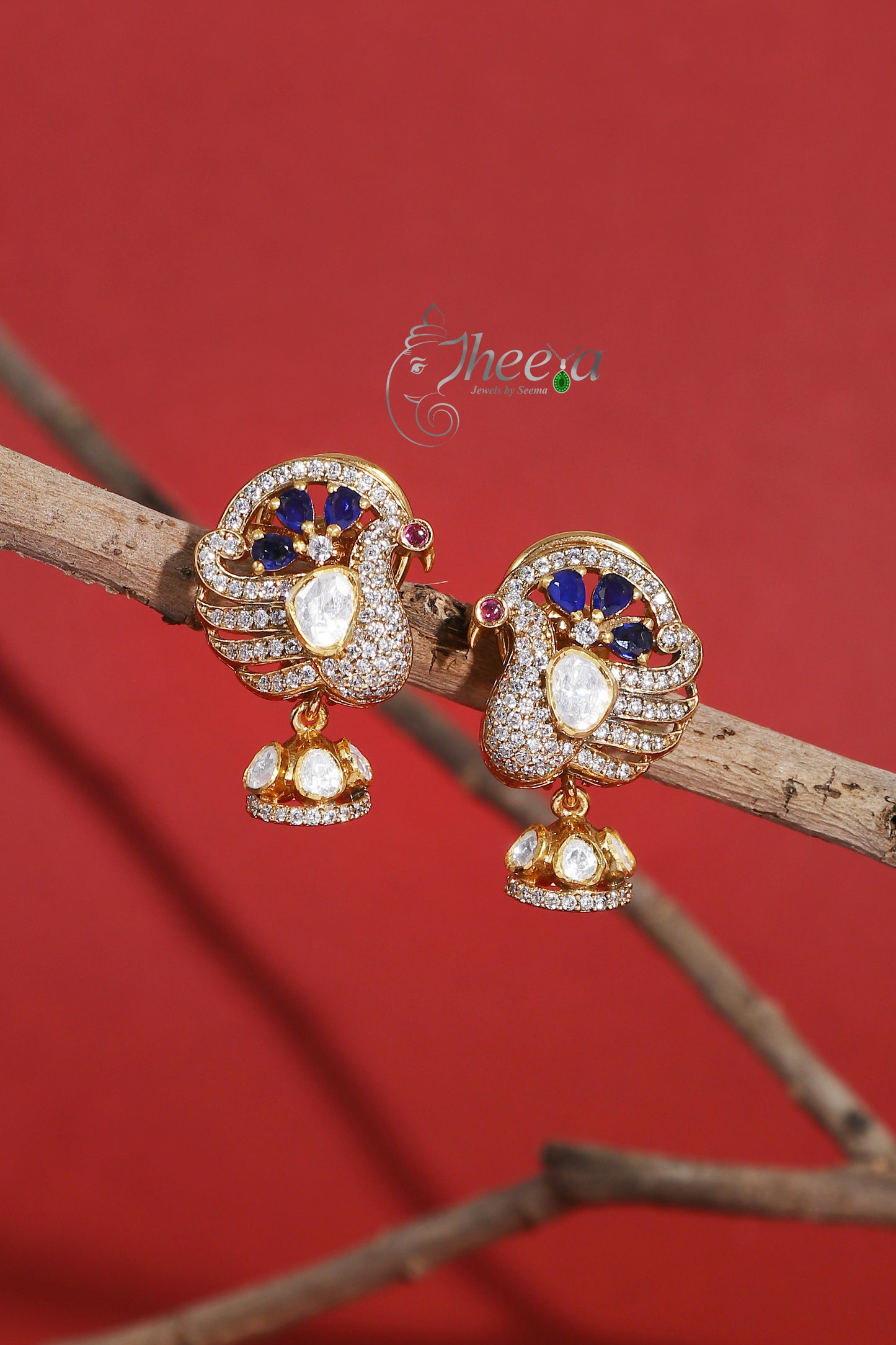 Ratnavali  Blue peacock Jhumka with moissanaite