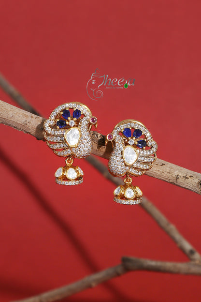 Ratnavali  Blue peacock Jhumka with moissanaite