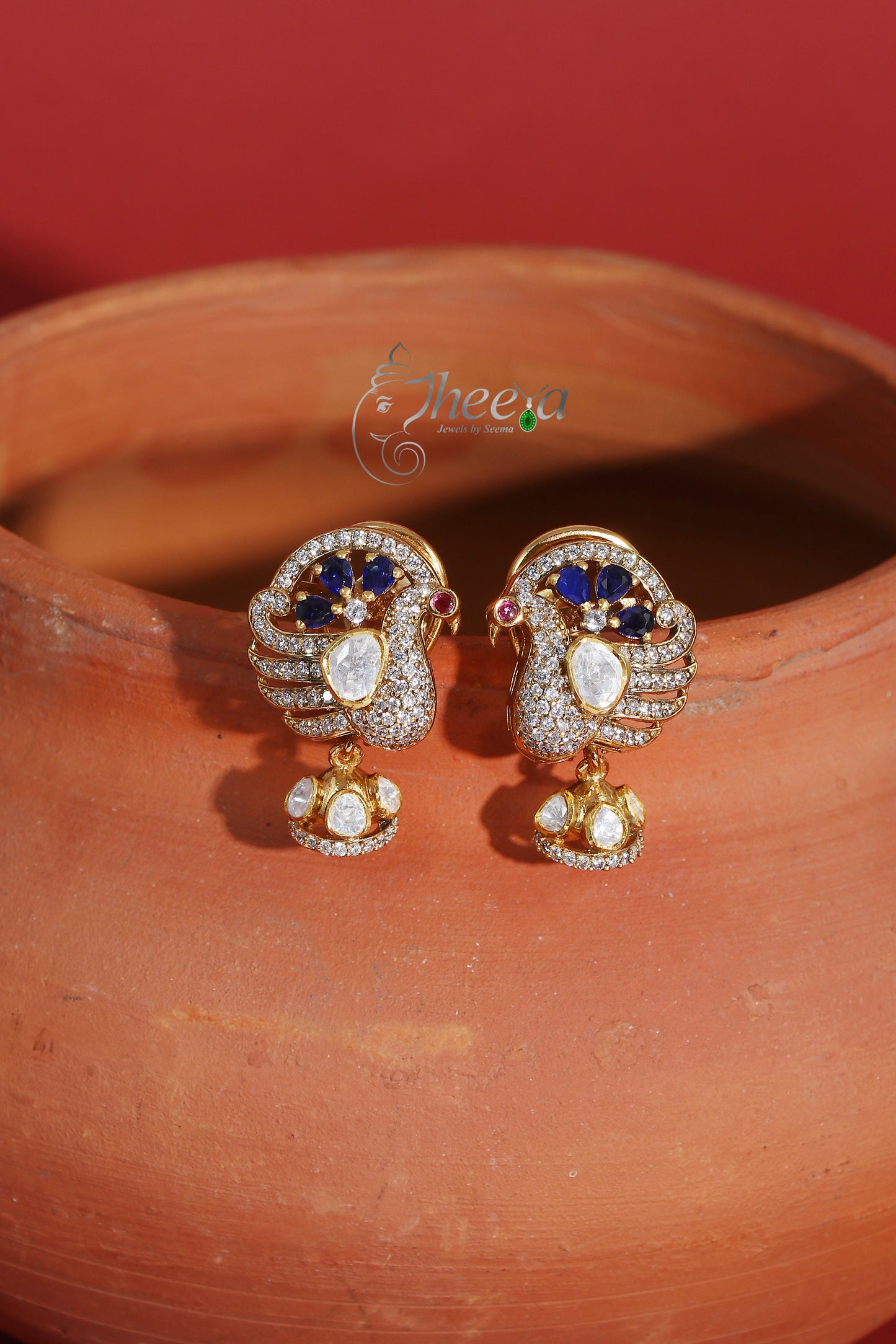 Ratnavali  Blue peacock Jhumka with moissanaite
