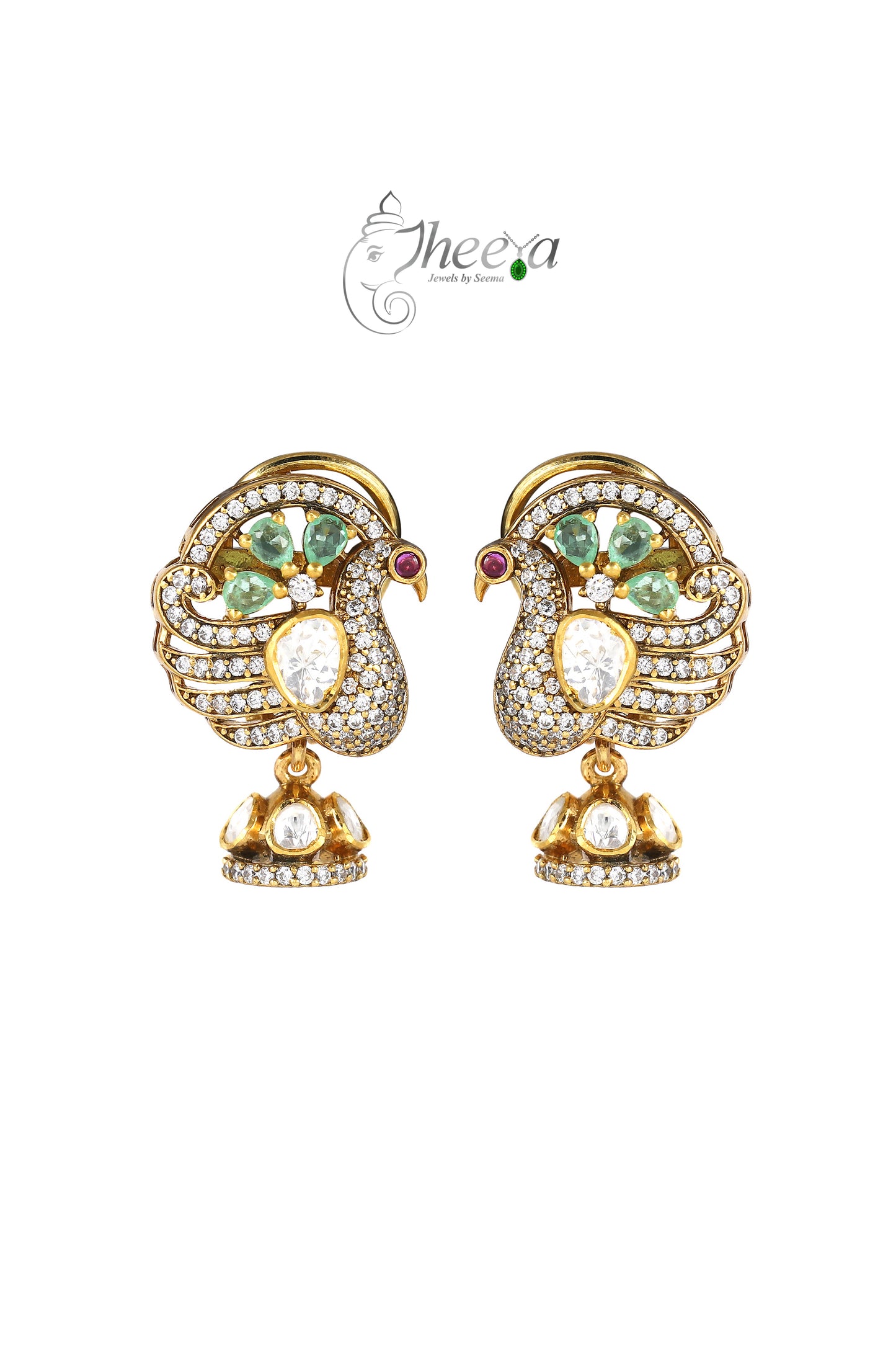 Ratnavali  Mint peacock Jhumka with moissanaite