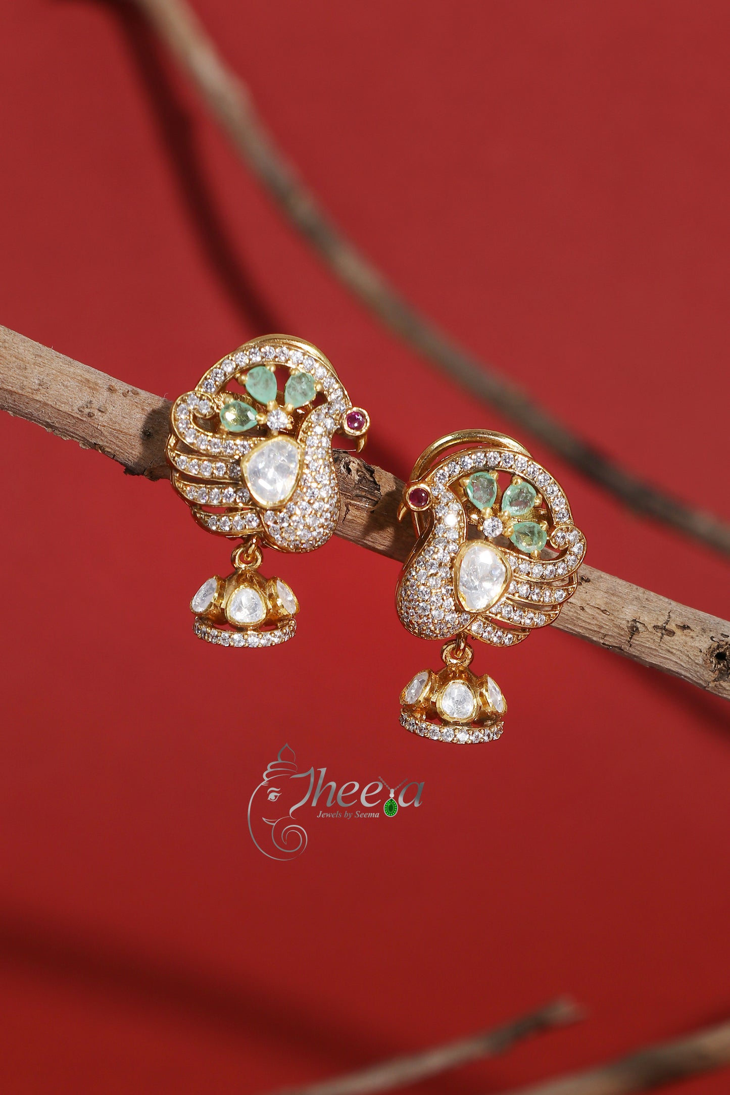 Ratnavali  Mint peacock Jhumka with moissanaite