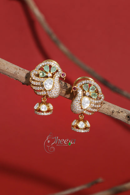 Ratnavali  Mint peacock Jhumka with moissanaite