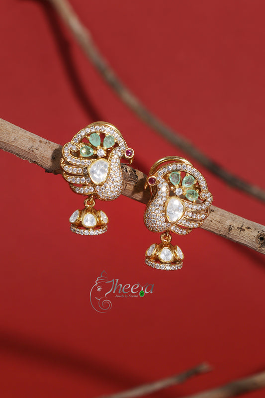Ratnavali  Mint peacock Jhumka with moissanaite