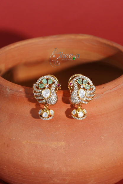 Ratnavali  Mint peacock Jhumka with moissanaite