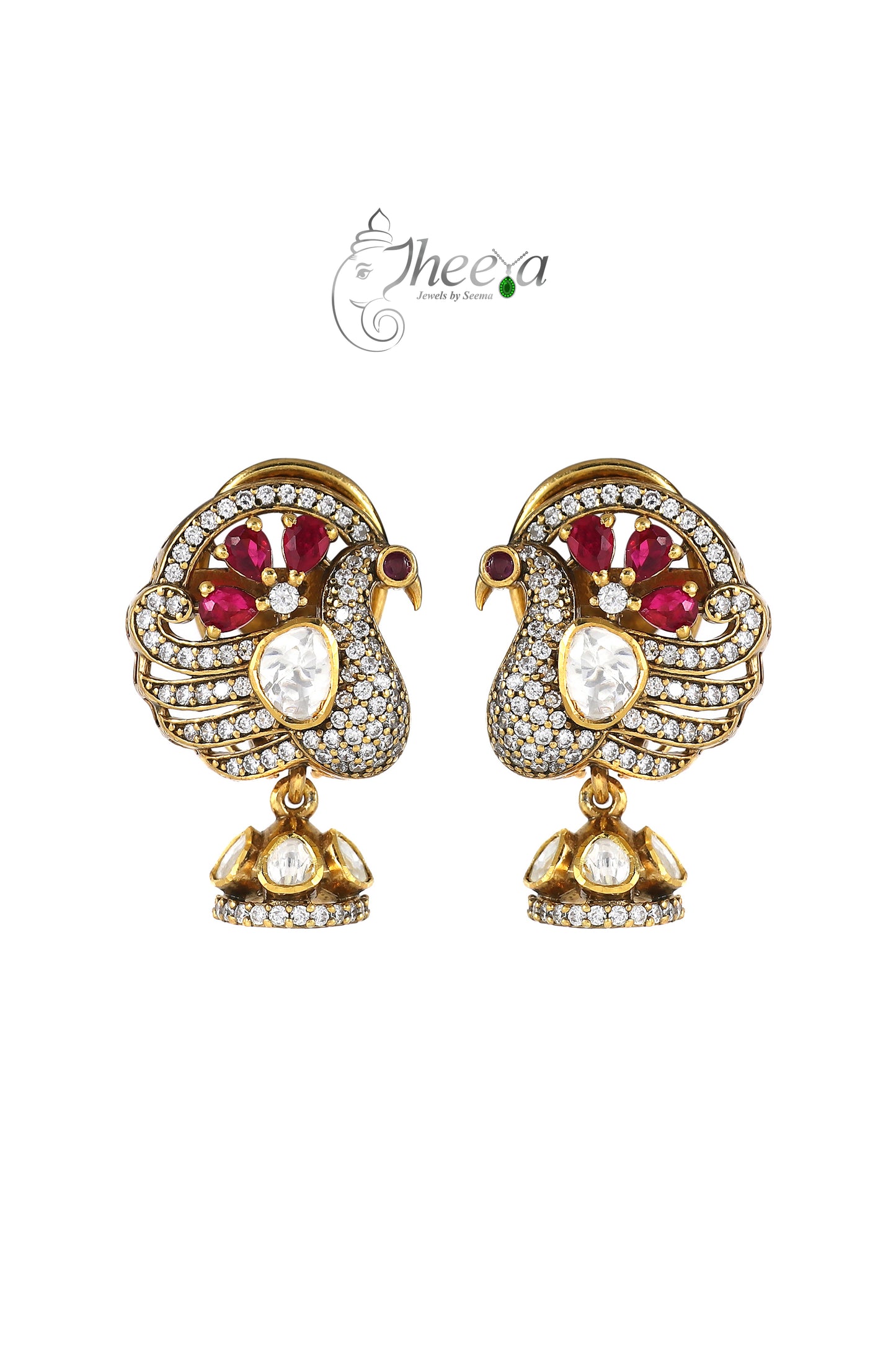 Ratnavali  Red peacock Jhumka with moissanaite