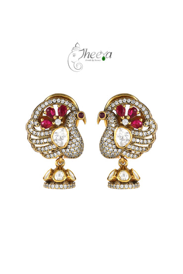 Ratnavali  Red peacock Jhumka with moissanaite