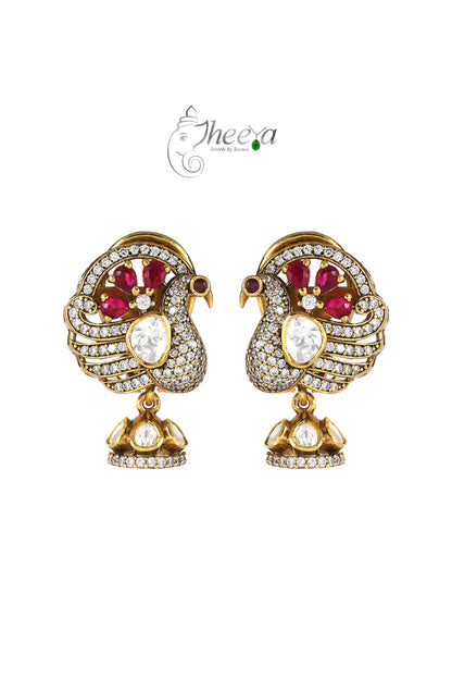 Ratnavali  Red peacock Jhumka with moissanaite