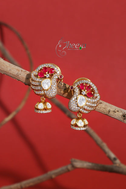 Ratnavali  Red peacock Jhumka with moissanaite