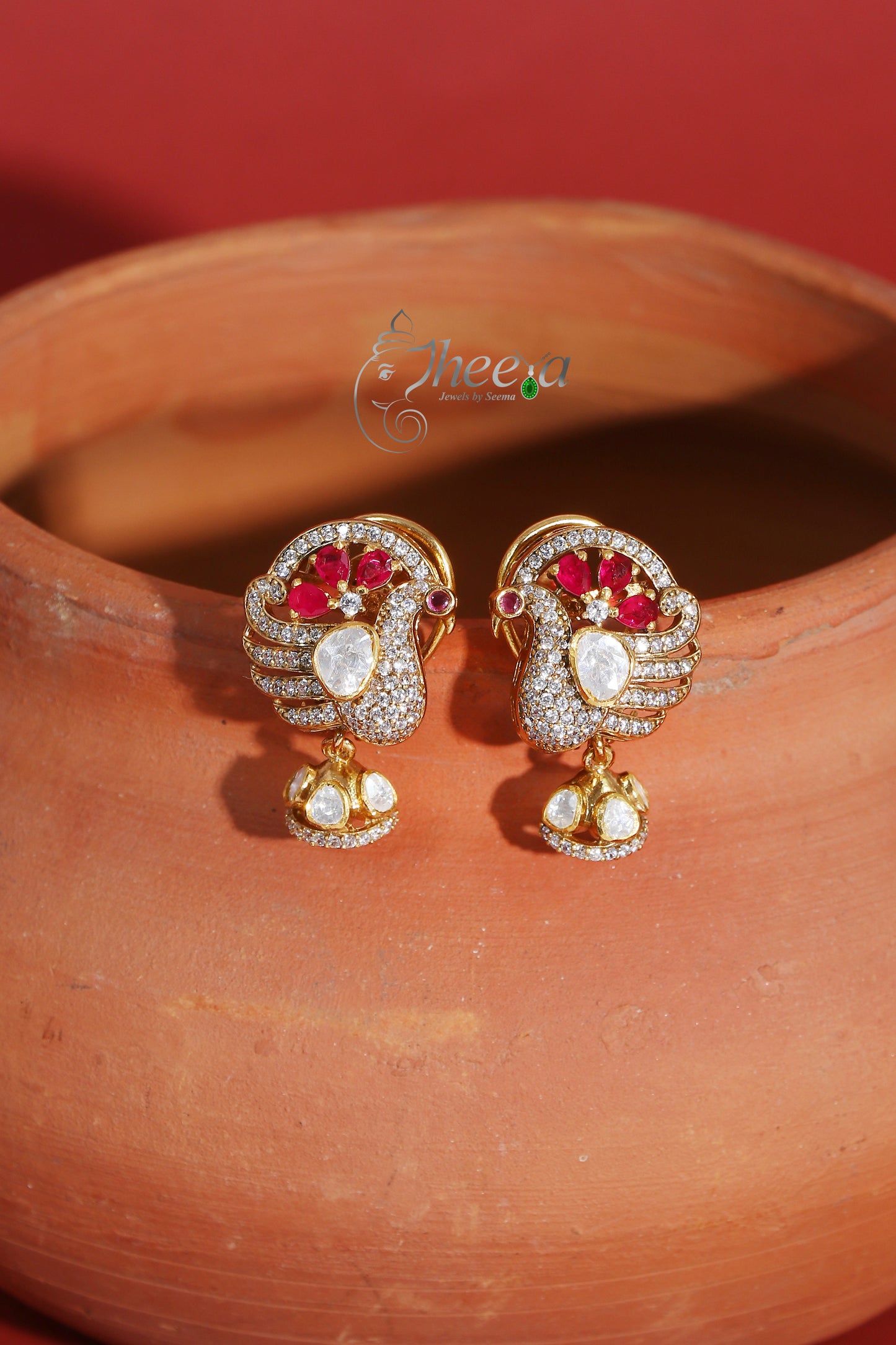 Ratnavali  Red peacock Jhumka with moissanaite