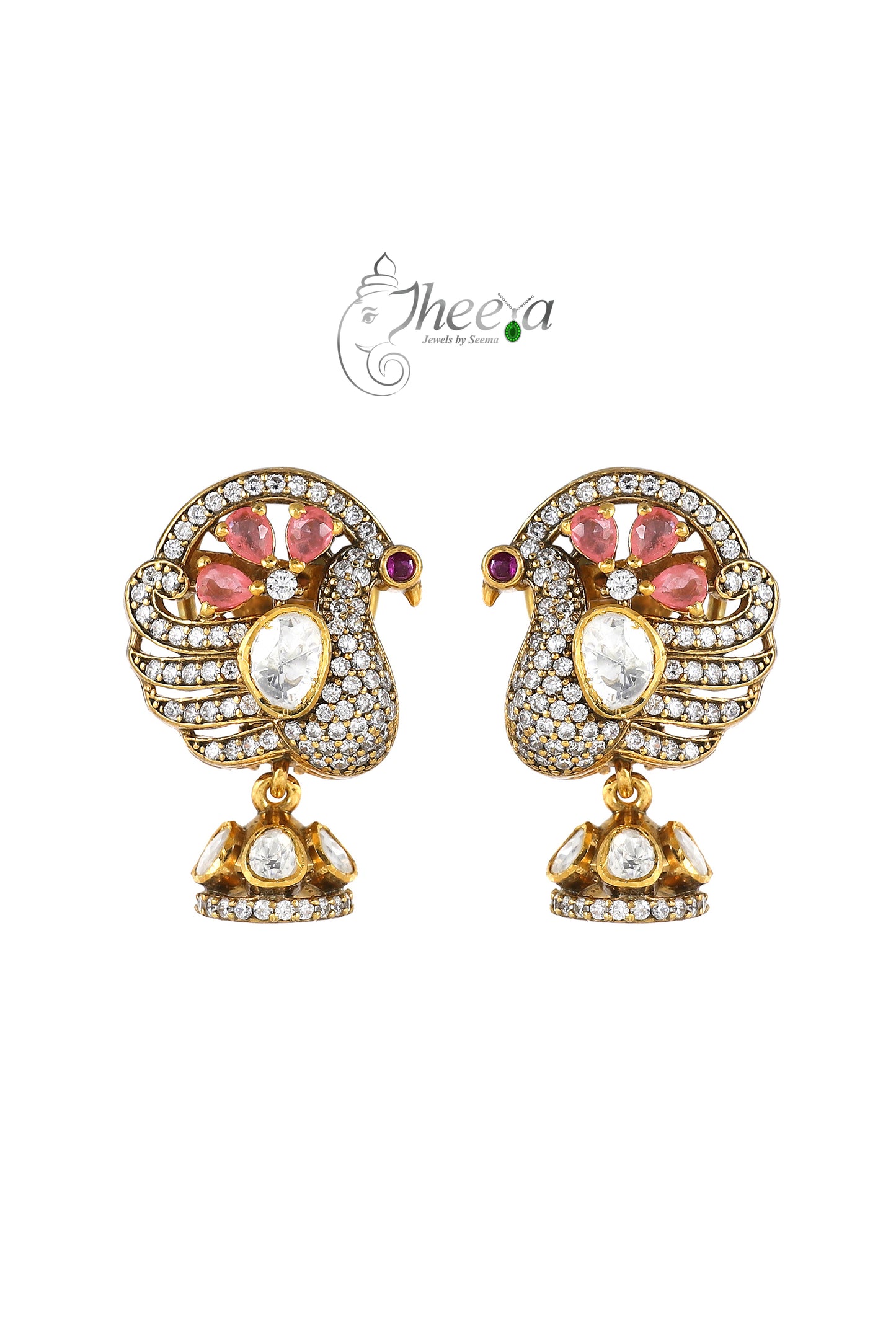 Ratnavali  Pink peacock Jhumka with moissanaite