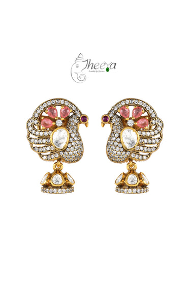 Ratnavali  Pink peacock Jhumka with moissanaite