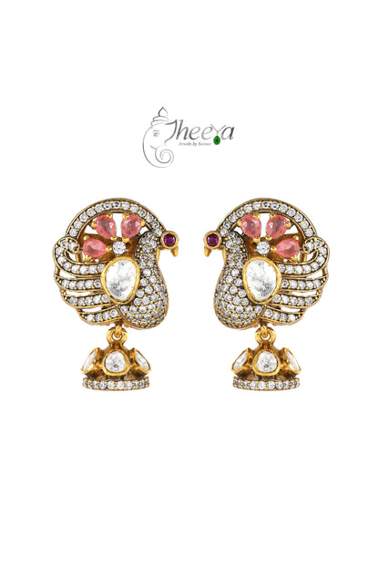 Ratnavali  Pink peacock Jhumka with moissanaite