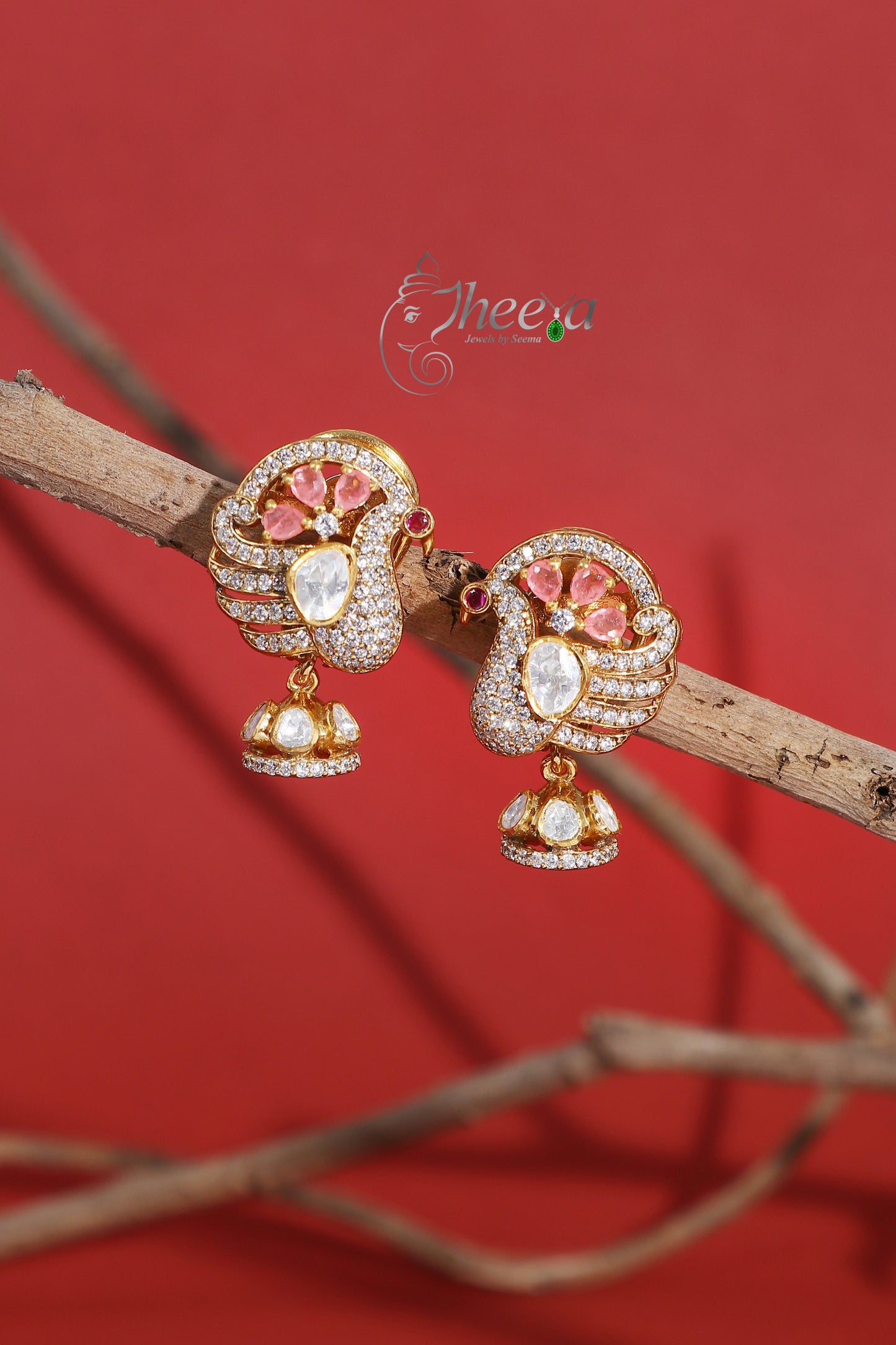 Ratnavali  Pink peacock Jhumka with moissanaite
