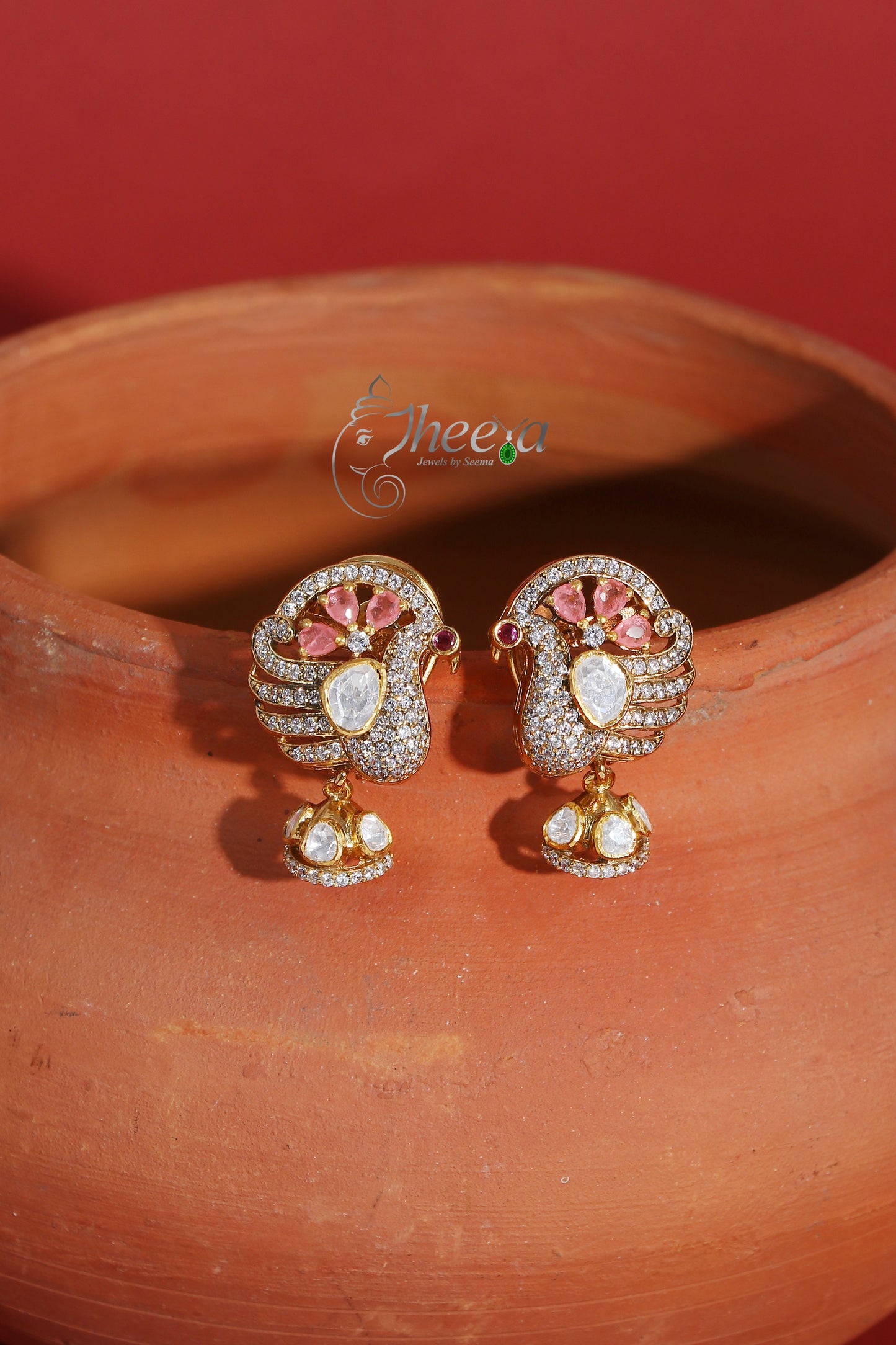 Ratnavali  Pink peacock Jhumka with moissanaite