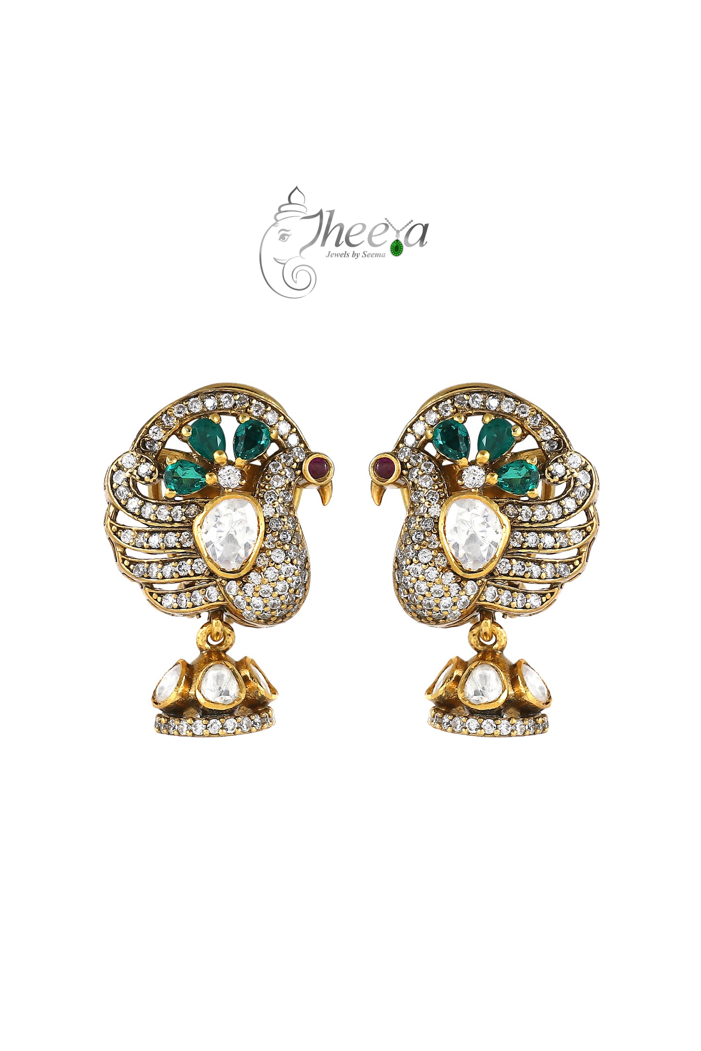 Ratnavali  Green peacock Jhumka with moissanaite