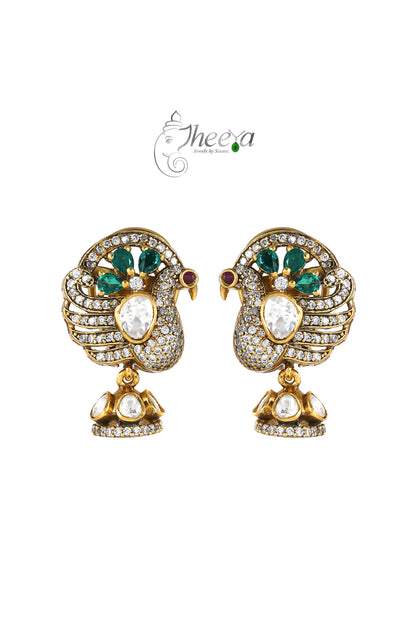 Ratnavali  Green peacock Jhumka with moissanaite