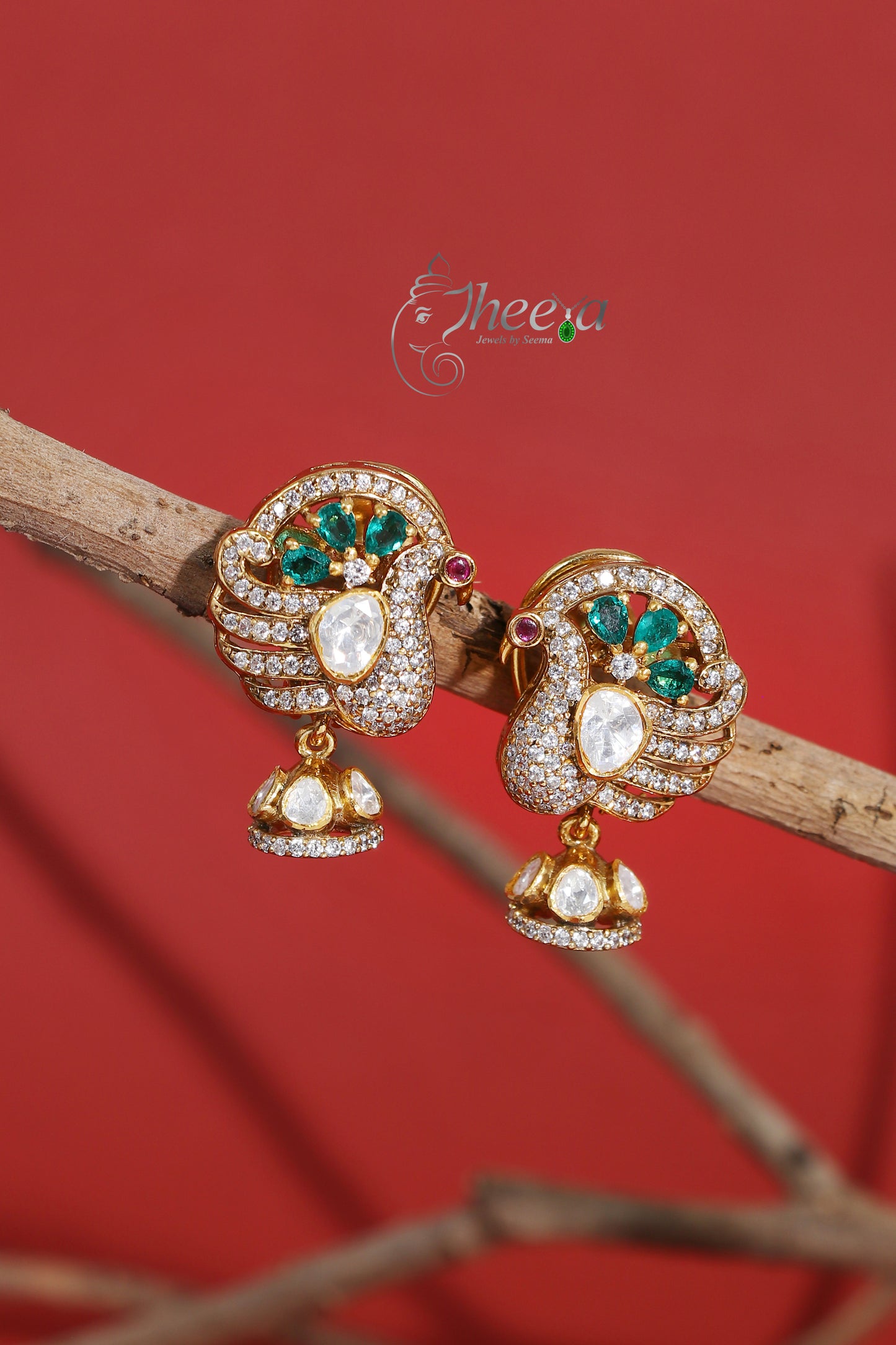 Ratnavali  Green peacock Jhumka with moissanaite